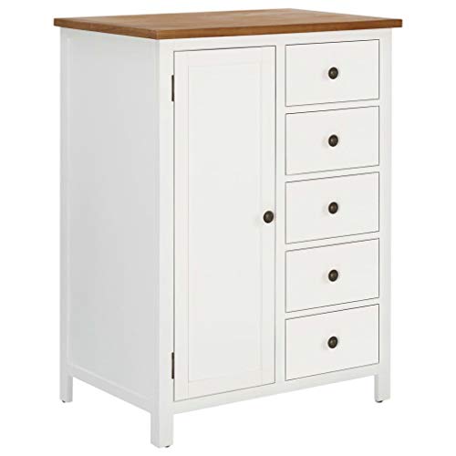 QUAHEAS Armoire 76 x 52 x 105 cm, chêne massif et acacia, marron/blanc, avec 1 porte, tringle à vêtements, 5 tiroirs, pour chambre à coucher, rangement...