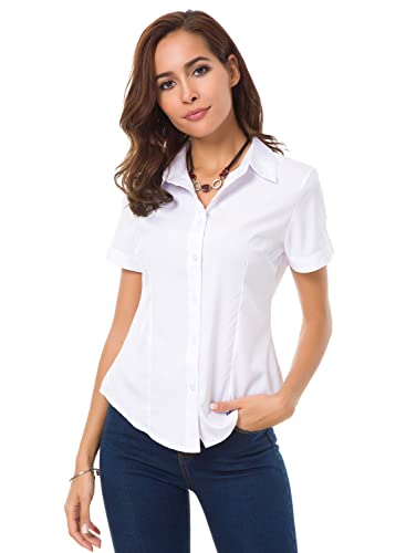 Womens Short Sleeve Button Down Shirts Official Collar Blouse Basic Simple Dress Shirt2