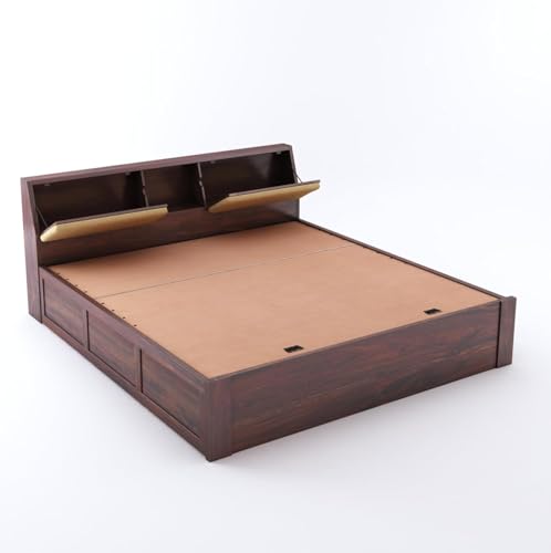Image of TG Furniture Sheesham Wood Queen Size Bed with Storage | Wooden Double Bed with Hydraulic Storage for Bedroom & Hotel | Platform Cot Bed Palang | 78X 60 Inch, Walnut Finish