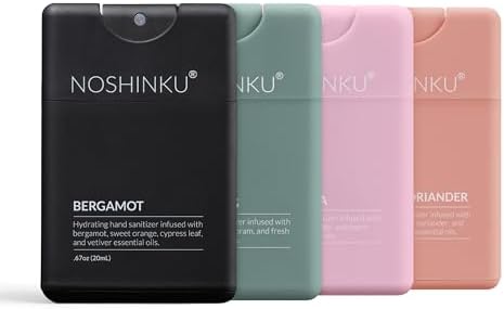 Noshinku - Refillable Hand Sanitizer Discovery 4-Pack, Travel Size Spray with Hydrating Botanical Mist, Natural Ingredients, All Natural Fragrances, Sugarcane Derived Alcohol, No Parabens, No Dyes