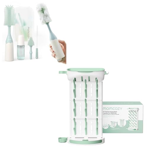 Image of Momcozy Bottle Brush Kit, Innovative Push-Press Design for Better Cleaning & Momcozy DIY Larger Bottle Drying Rack for 18 Bottles