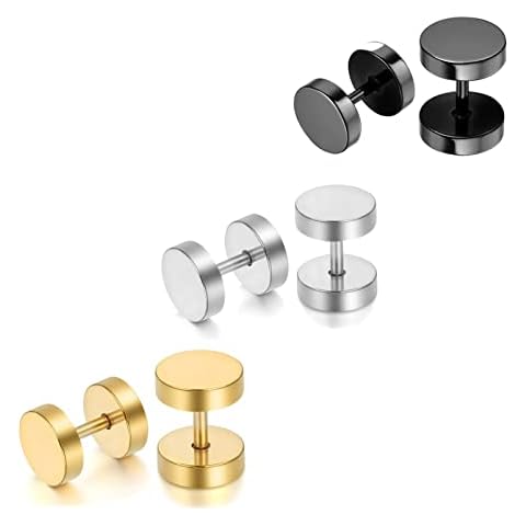 Flat Back Dot Studs Earrings for Men Women, Tunnel Screw Back Stud Disc Fake Gauges Earrings Stainless Steel Black Silver Gold 3 Pairs Set 4/5/6/7/8/10/12mm Cover