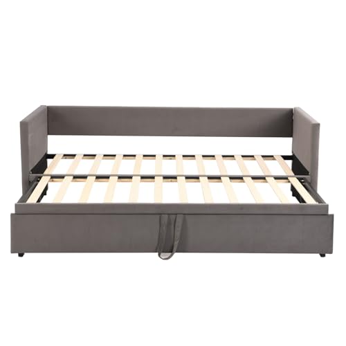Tagesbett Ausziehbar 90/180x200 cm, Schlafcouch Polsterbett mit Lattenrahmen, 2-Sitzer Sofa mit Schlaffunktion, Doppelbett Funktionsbett, Samtstoff (Grau) – Bild 6