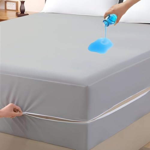 Image of Zipper Closure Style Mattress Protector Single Size 100% Waterproof Six-Sided Mattress Encasement for Bed 36x72 Inch Fit On 6 Inch 3X6 Feet Silver