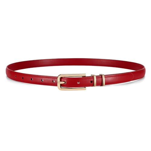 JASGOOD Womens Skinny PU Leather Belt Thin Waist Belt with Gold Buckle for Jeans Pants Dresses 0.7(Red