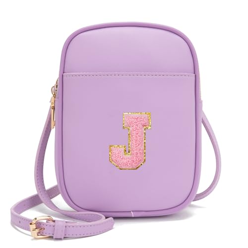 Toddler Purse Initial Crossbody Bags for Girls 3 Pockets PU Leather Cross Body Bag Crossbody Purse Handbag Personalized Preppy Teen Girl Gifts Trendy Stuff (Lavender J)