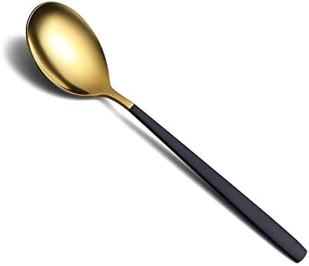 Dessert Spoons 6 Pieces Black And Gold Plating, Homquen Stainless Steel 7.5" Smooth Edge Modern Design Spoon Silverware Set Dinner Spoon Table Spoon, Soup Spoons Dishwasher Safe