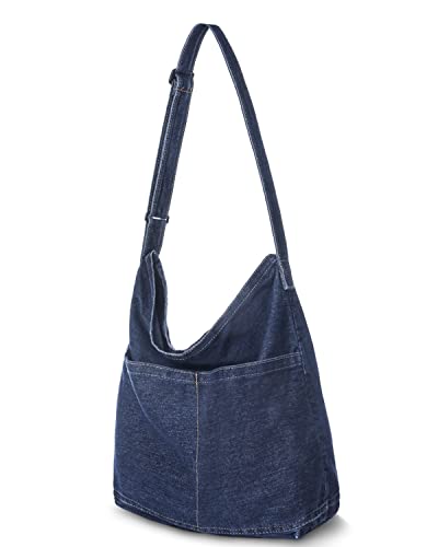 Iioscre Denim Shoulder Bag for Women Hobo Tote Bag, Canvas Messenger Bag Large Crossbody Handbag, Jean Bag for Travel Work