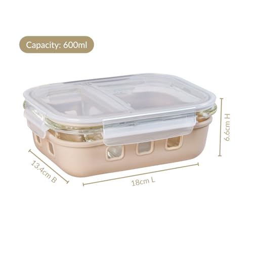 Image of Nestasia Glass Lunch Box with Silicone Sleeve (600ml) - Borosilicate Glass Lunch Box with 2 Compartments for Office | Microwave & Freezer Safe, Leak-Proof Tiffin Box with Clip Locks (Beige)