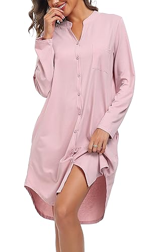 Vlazom Damen V-Ausschnitt Nachthemd Langarm Baumwoll Schlafhemd Winter Schlafkleid mit Knöpfe und Seitentaschen（M,Rosa）