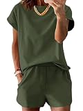 DURINM Completo Donna Estivo 2 Pezzi Casual Set Pantaloncini con Tasche e Maniche Corte Elegante Girocollo Abbigliamento Sportivo Tuta Donna Ginnastica per Jogging Training Casa Fitness