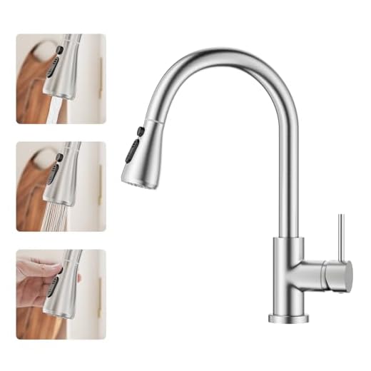 BESy Brass Single Handle Kitchen Faucet with Pull Down Sprayer,Rv High-Arc Kitchen Sink Faucet with Pull Out Sprayer,Single Lever 3 Function Laundry Room Faucet,Brushed Nickel (1 or 3 Hole)
