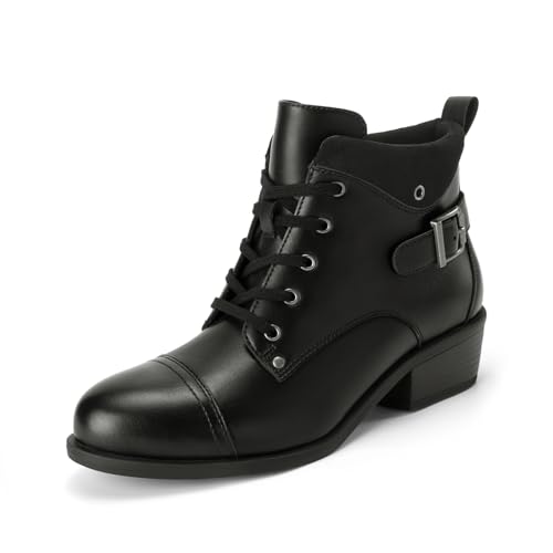 Athlefit Women's Ankle Boots Chunky Low Heel Short Black Boots Round Toe Comfortable Lace Up Zipper Dress Booties Size 8
