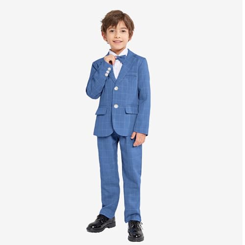 Image of LOLANTA Boys Suit Wedding Ring Bearer Outfit Kids Formal Wear Dress Clothes | Boy 3-Piece Plaid Suits, Sport Coat Blazer and Pants Set with Adjustable Bow Tie, Gentleman Birthday Party Graduation Outfits
