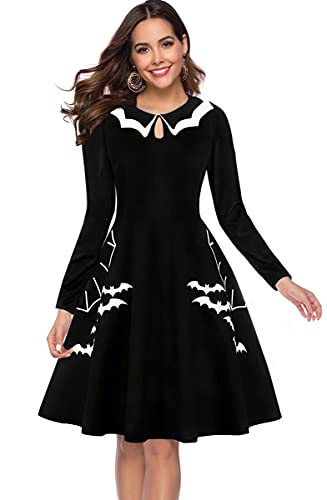 MODECRUSH Women's Long Sleeve Bat Spider Web Gothic Halloween Long Sleeve Vintage Dress Graphic Short Dress with Pockets(Black,M)