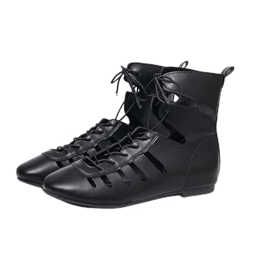 Hixingo Botines Planos con Cordones para Mujer, Sandalias Transpirables con Recortes, Botines de Verano Cómodos de Punta Redonda, Zapatos Planos para Uso Diario (43,Negro)