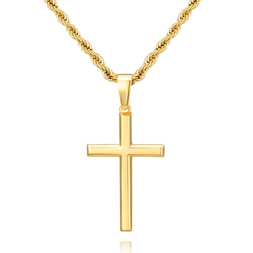 NORBU 925 Sterling Silver Cross Necklace for Men, Hypoallergenic Cross Pendant with Secure Lobster Clasp, Gold Religious Jewelry Gift for Baptism/Easter/Father's day