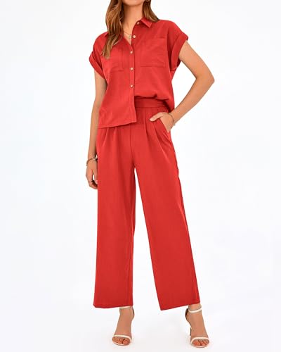 PRETTYGARDEN Womens 2 Piece sets Summer Cap Sleeve Tops Palazzo Pants Dressy Casual Vacation Travel Outfits Tracksuits(Red,XX-Large) — view 3