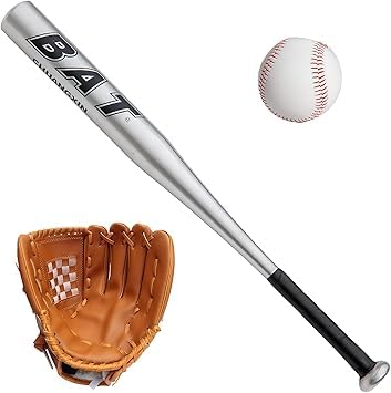 D.I.L Baseball Bat Set, 30 Inch Aluminium Metal Bat with Ball and 10.5 Inch Leather-Style Glove, for Outdoor Training, Red, Blue, Black, Silver (Silver)