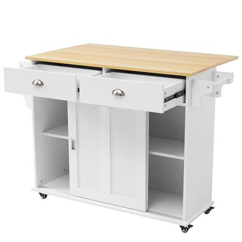 Azkoeesy Carrito de cocina isla de cocina con encimera extensible efecto madera maciza, 112 x 94 x 40-70 cm, carrito comedor con 2 puertas correderas y cajones, con 5 ruedas, color blanco