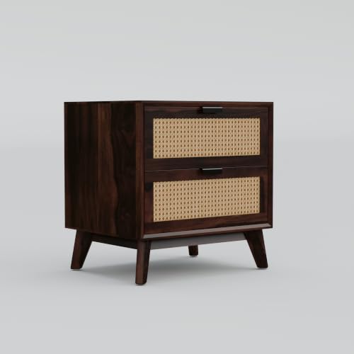 Image of Solid Sheesham Wood Bedside Table with 2 Cane Rattan Drawers | Wooden Nightstand with Spacious Storage (Walnut Finish)