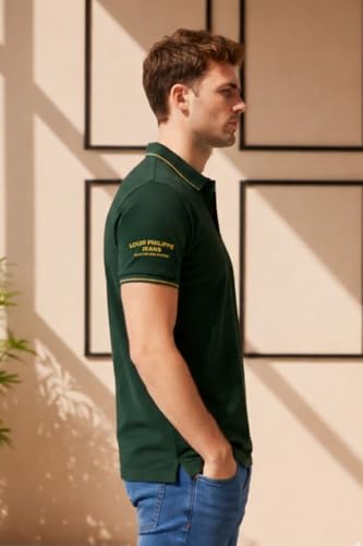 Image of Louis Philippe Men's Slim Fit Single-Tuck Pique Stylized Sleeve Print and Contrast Tipping Half Sleeve Solid Polo Tshirt