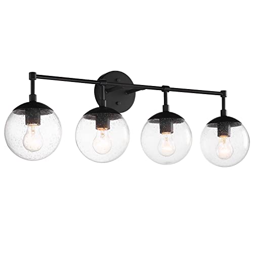 Image of Design House Gracelyn 4-Light Dimmable Bathroom Vanity Light, Seeded Glass, Matte Black, 31.52 in W x 8 in D x 11.45 in H, 589572 | Dimmable, Wall Mount, Contemporary /Modern, Steel, Lighting, 589572
