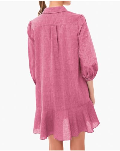 Image of YEXPINE Women Button Down Dress Casual 3 /4 Puff Sleeve Cotton Linen Dress Flowy Ruffle Hem Tunic Shirt Dresses