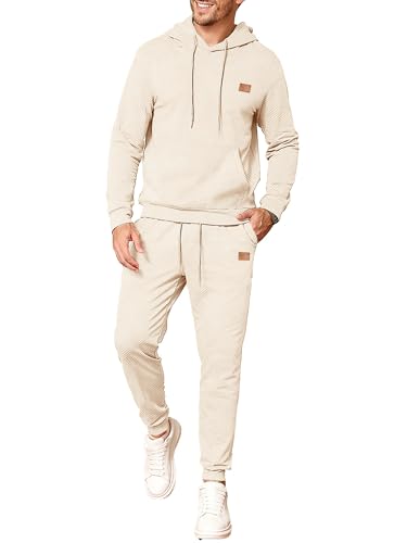 JMIERR Herren 2 Pcs Jacquard Sweatsuit Outfits Hoodie Sweatshirt & Joggers Sweatpants Set Trainingsanzug,Beige L