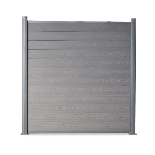 wpc sichtschutzzaun l sichtschutz zaun holz optik I Gartenzaun Komplettset Aluminiumpfosten I zum Einbetonieren I Grau (1x Feld, Pfosten zum Aufschrauben)
