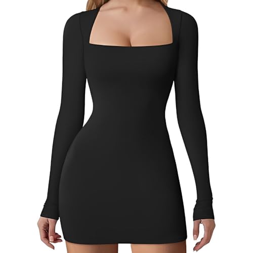 KOEMCY Vestidos de Mujer Elegante Boho Corto Casual Vestido con Cuello Cuadrado Mangas Largo Sexy de Color sólido para Invitados Boda Coctel (Negro/S)