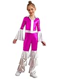 Agoky Disfraz Hippie Para Niñas Con Manga Acampanada Mono De Una Pieza Jumpsuit De Baile De Jazz Trajes De Baile Hippies Discoteca Rosa caliente 15-16 años