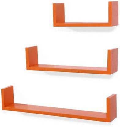 Image of DECORVISTA Wooden Handcrafted Wall Shelf Beautiful Floating Wall Racks Shelves Living & Bed Room Decor U Shaped Set of 3 (Multi) (Orange)