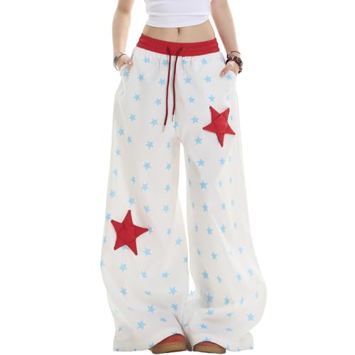 Women's Baggy Cargo Pants High Waist Y2K Parachute with Retro Star Print Drawstring Loose Wide Leg Casual Track Pants