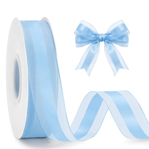 KINGLAKE Light Blue Satin Ribbon - 1 Inch x 50 Yards Baby Blue Organza Sheer Ribbon for Gift Wrapping Sky Blue Chiffon Ribbon for Crafts Flower Bouquet Wedding Bridal Shower Baby Shower Birthday Decor