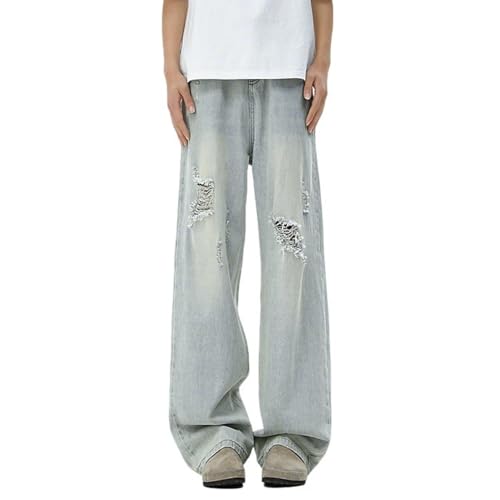 Men's Baggy Jeans High Waist Wide Leg Straight Casual Ripped Vintage Loose Fit Denim Pants with Pockets