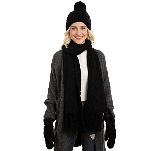 ANDORRA 3 in 1 Soft Warm Thick Cable Knitted Hat Scarf & Gloves Winter Set, One Size, Black - Thumbnail 2