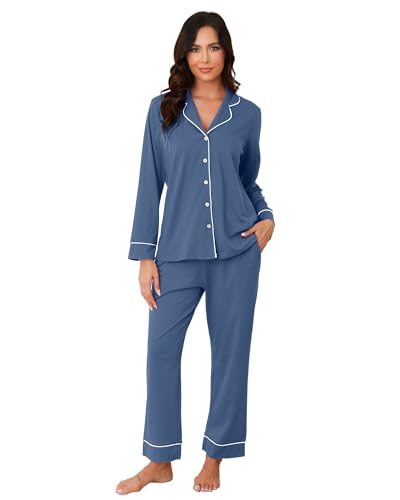La mejor selección de Pijamas de Dama los 5 mejores. 45 GAESHOW Conjunto Pijama Mujer Botones Pijama Mujer Algodon Manga Larga y Pantalones Dos Piezas Ropa de Dormir Azul Grande
