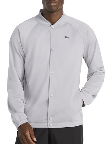 Reebok Men’s Classics Basketball Matte Snap Jacket, Standard Fit, Lightweight Poly Fabric, Leisure Grey, Medium