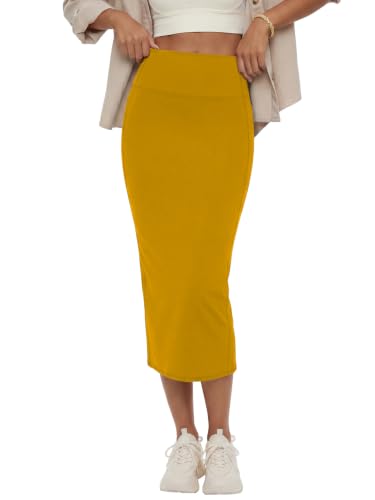 Image of Rooscier Women's High Waisted Pencil Midi Skirt | Stretchy Bodycon Knee Length Skirts with Back Slit