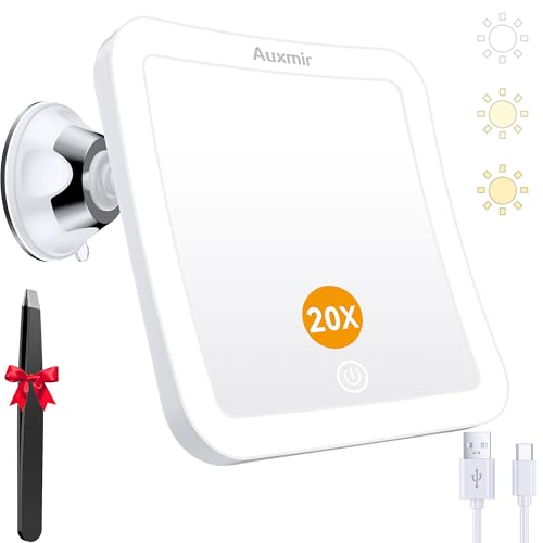 Auxmir Miroir Grossissant Lumineux 20X avec Ventouse, Miroir Maquillage Grossissant 2000mAh Rechargeable, 3 Modes Éclairage 40 LED, Écran Tactile, Forte Ventouse Ajustable à 360°, Salle de Bain Voyage
