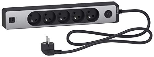 Schneider Electric sc5st935u1ba – Alargador con 5 enchufes 2P + T, antracita, acabado aluminio cepillado 2 USB 1,5 M, madera color blanco