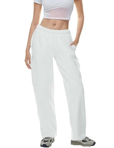 QIBABU Womens Fleece Cargo Sweatpants Casual Baggy Wide Leg Jogger Pants Athletic Open Bottom with Pockets(1777-White-S-QB)
