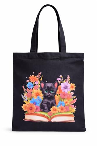 Mimain Tote Bag Tela Negra con Gato Negro Estampado, Cremallera