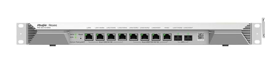 Přední view of the Reyee RG-EG1510XS High-Capacity Business Router, showing its ports and indicators.
