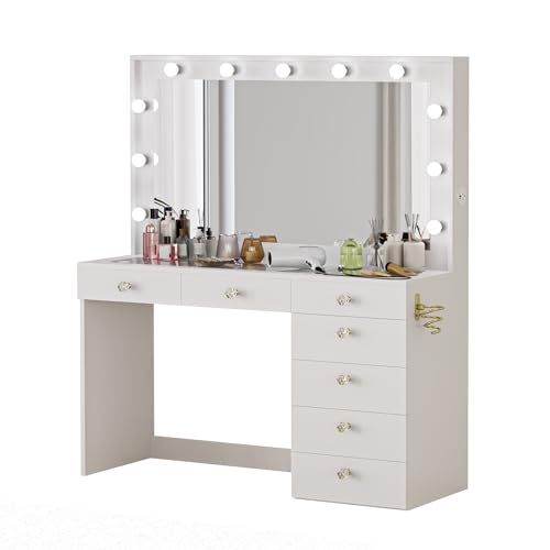 Boahaus Serena Large Makeup Vanity with Hollywood Lights Built-in, 7 Drawers, Hollywood Mirror, Hairdryer Hanger, Glass Top, Gold Crystal Ball Knobs, White Vanity Makeup Desk, 58\'\'Hx47\'\'Wx17\'\'D - Thumbnail 4