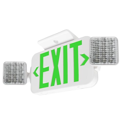 LFI Lights | Combo Green Exit Sign with Emergency Lights | White Housing | All LED | Two Adjustable Square Heads | Hardwired with Battery Backup | Remote Head Capable | UL Listed | COMBO2-G-W-RH