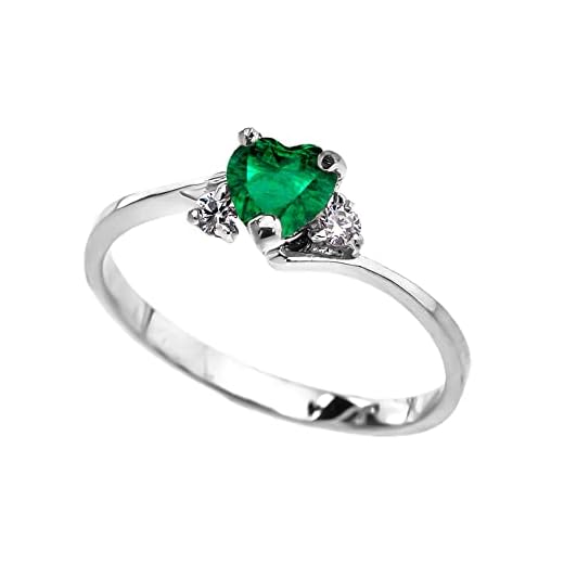 Delicado anillo de promesa para mujer con corazón de esmeralda en oro blanco de 9 quilates.