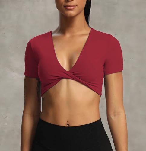 Image of Aoxjox Short Sleeve Crop Tops for Women Sienna Twist Deep V Workout Cropped T Shirt Top (Rumba Red, Small)
