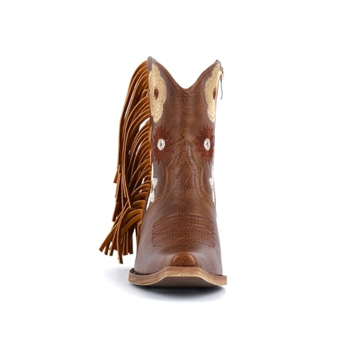 Women's Floral Embroidered Cowgirl Boots with Fringe – Pointed Toe Short Western Booties, 2.1 Inch Chunky Heel Cowboy Shoes for Country Concert, Rodeo, Fall Outfits Brown3